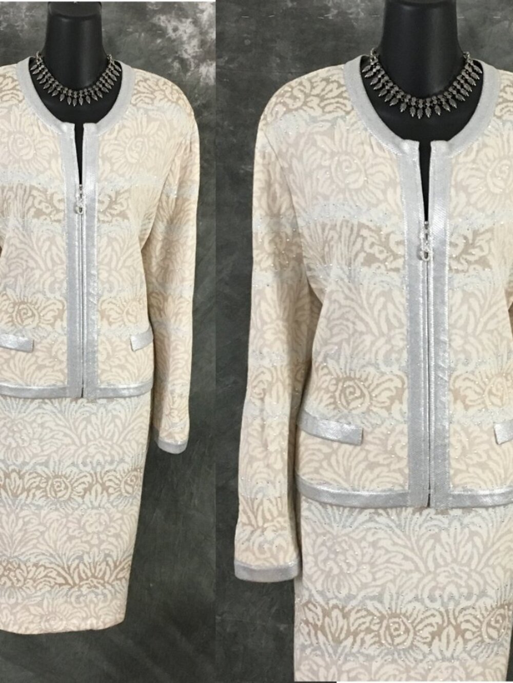 BEAUTIFUL st john evening knit ivory multi rhinestones pearl skirt suit 10 12